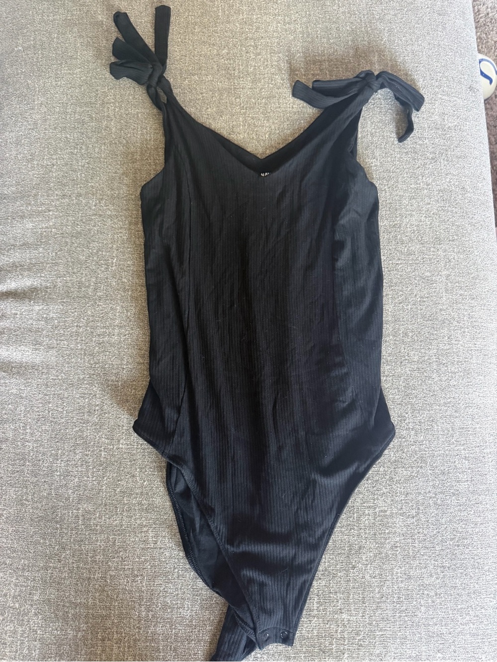 Old Navy Black V-Neck Ribbed Bodysuit with Tie Shoulders